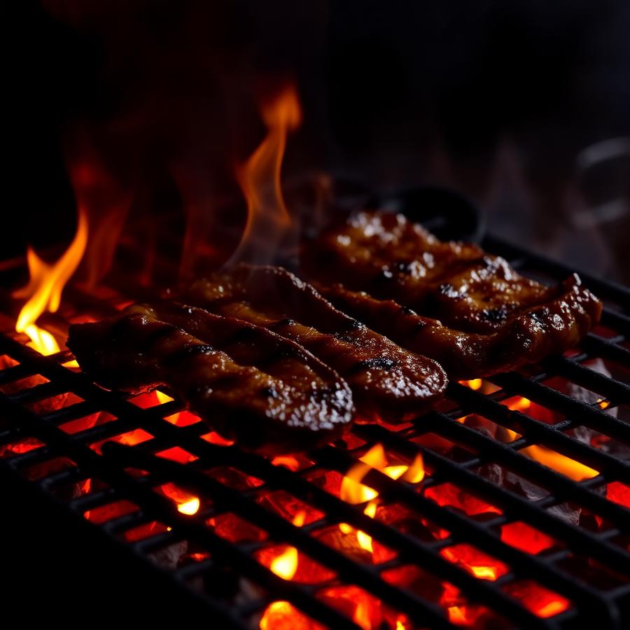 Carne asada grilling over open flame