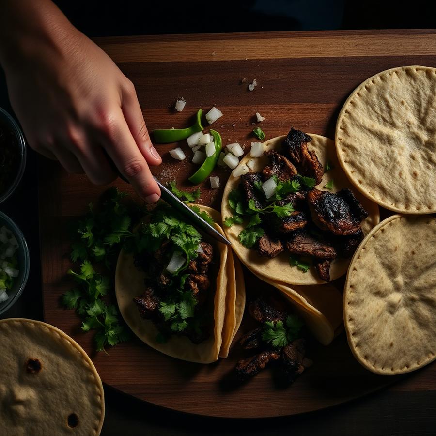 Hands preparing tacos on a wooden cutting board