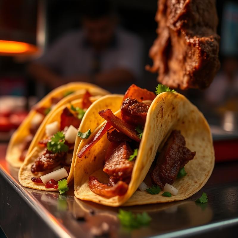 Al pastor trompo tacos served on tortillas